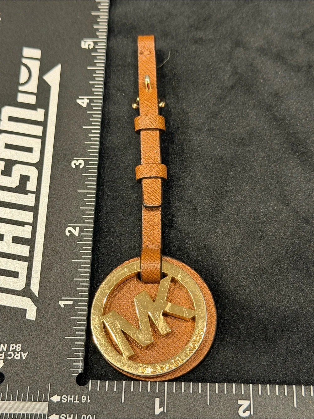 Michael Kors Tan Leather MK Circle Bag Tag with Gold Logo
